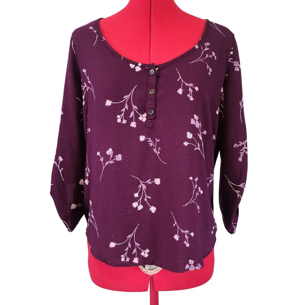 SO Purple Floral Loose Roll Tab Sleeves Blouse Size M